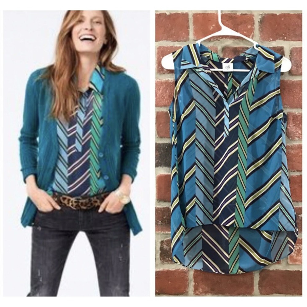 Cabi Medium Style 3780 Sleeveless Ascot V-Neck Collared Blouse Multicolor Stripe